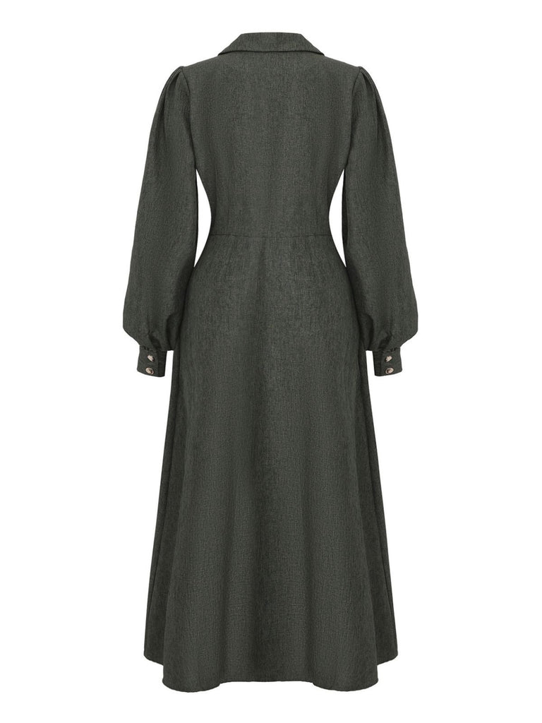 1940s Notched Collar Lantern Sleeve Button Dress