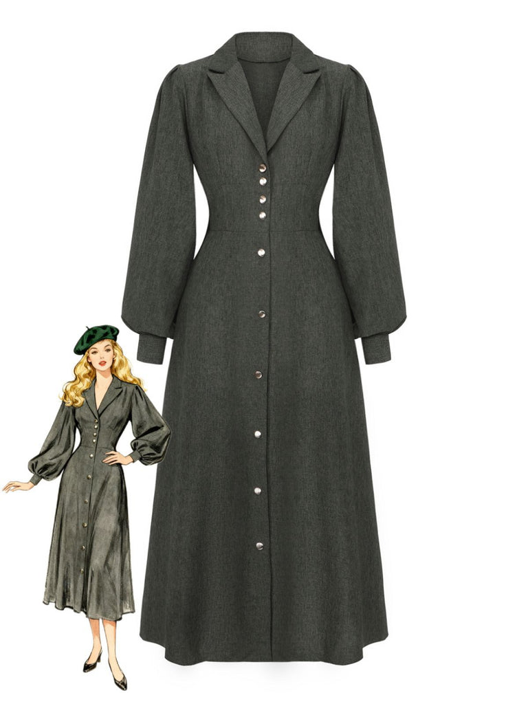 1940s Notched Collar Lantern Sleeve Button Dress