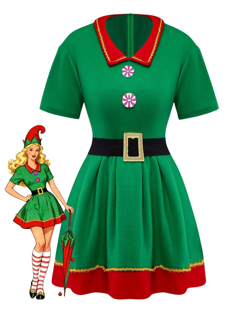 Green 1960s Christmas Elf Cosplay Costume Dress Set