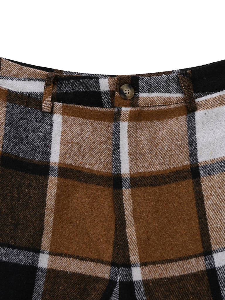 2PCS Khaki 1950s Faux Wool Plaid Sleeveless Vest & Pants