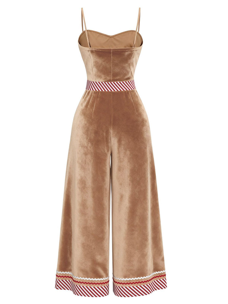 [Pre-Sale] Brown 1970s Gingerbread Velvet Strap Jumpsuit