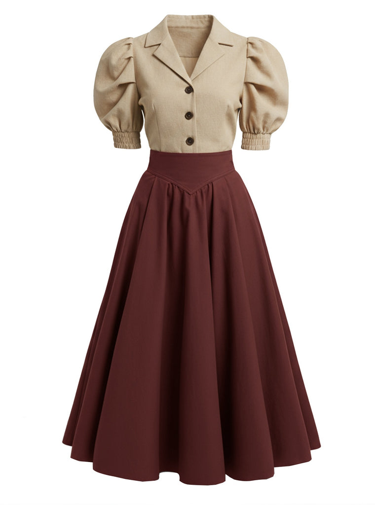 [Pre-Sale] 2PCS 1940s Cotton Lapel Puff Sleeve Blouse & Skirt