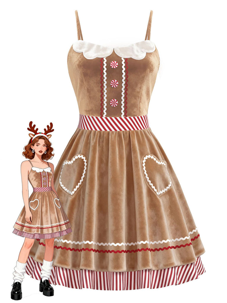 [Pre-Sale] Brown 1960s Gingerbread Heart Stripe Velvet Strap Dress
