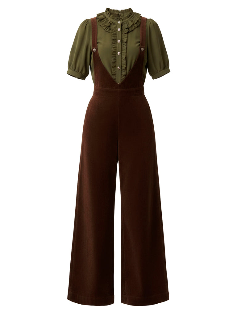 [Pre-Sale] 2PCS Solid 1940s Ruffles Blouse & Twill Suspender Pants