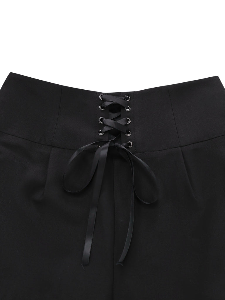 [Pre-Sale] Black 1940s Solid High Waist Lace-Up Pants