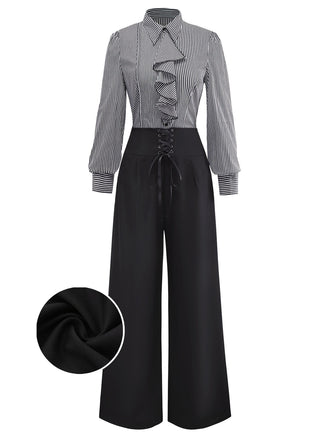 [Pre-Sale] 2PCS Black 1940s Ruffled Striped Blouse & Lace-Up Pants