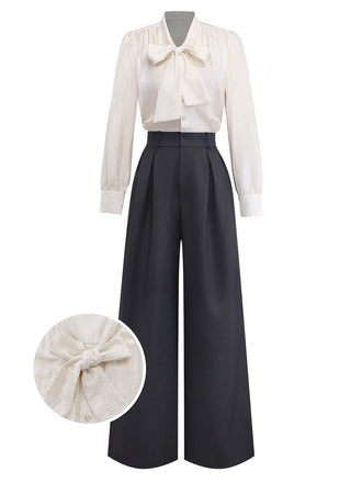 [Pre-Sale] Beige 1950s Pearl Trimmed Bow Tie-Neck Jumpsuit