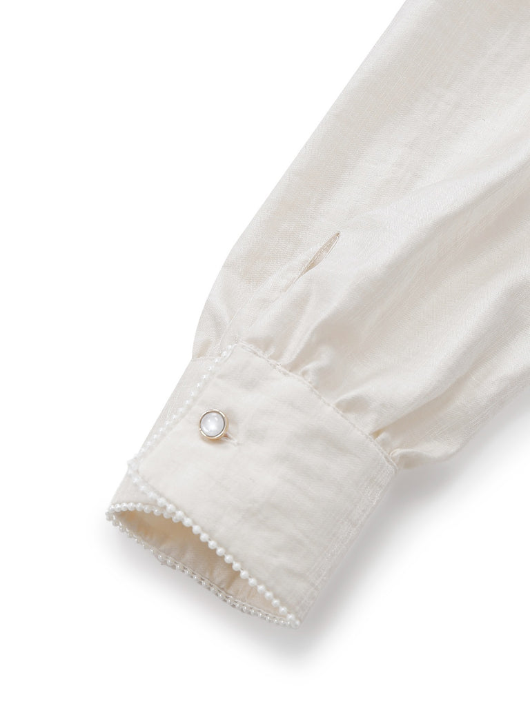 [Pre-Sale] Beige 1950s Pearl Trimmed Bow Tie-Neck Jumpsuit