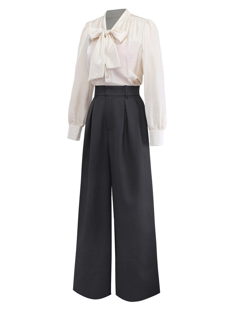 [Pre-Sale] Beige 1950s Pearl Trimmed Bow Tie-Neck Jumpsuit