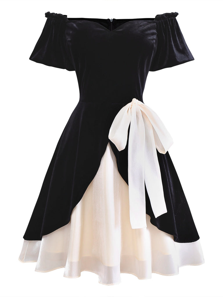 [Pre-Sale] Black 1950s Velvet Satin Off-Shoulder Bow Dress