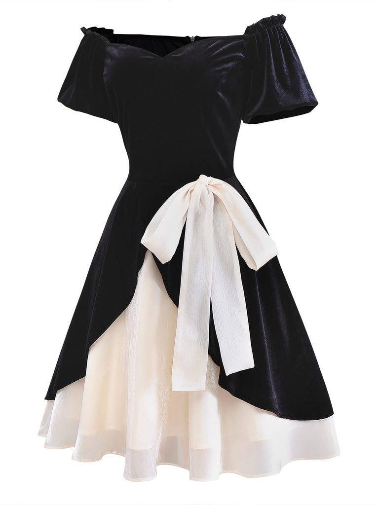 [Pre-Sale] Black 1950s Velvet Satin Off-Shoulder Bow Dress