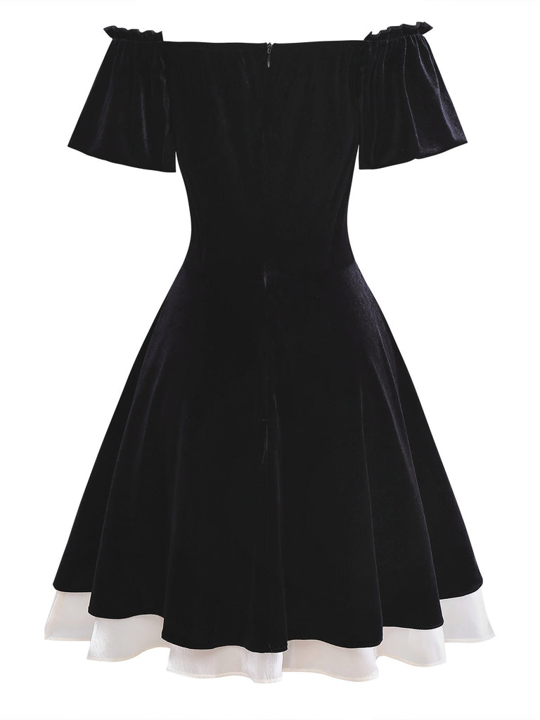 [Pre-Sale] Black 1950s Velvet Satin Off-Shoulder Bow Dress