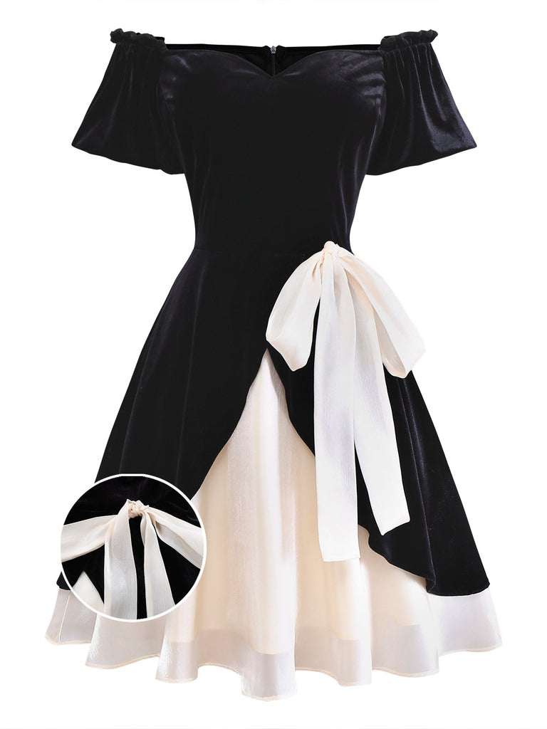 [Pre-Sale] Black 1950s Velvet Satin Off-Shoulder Bow Dress