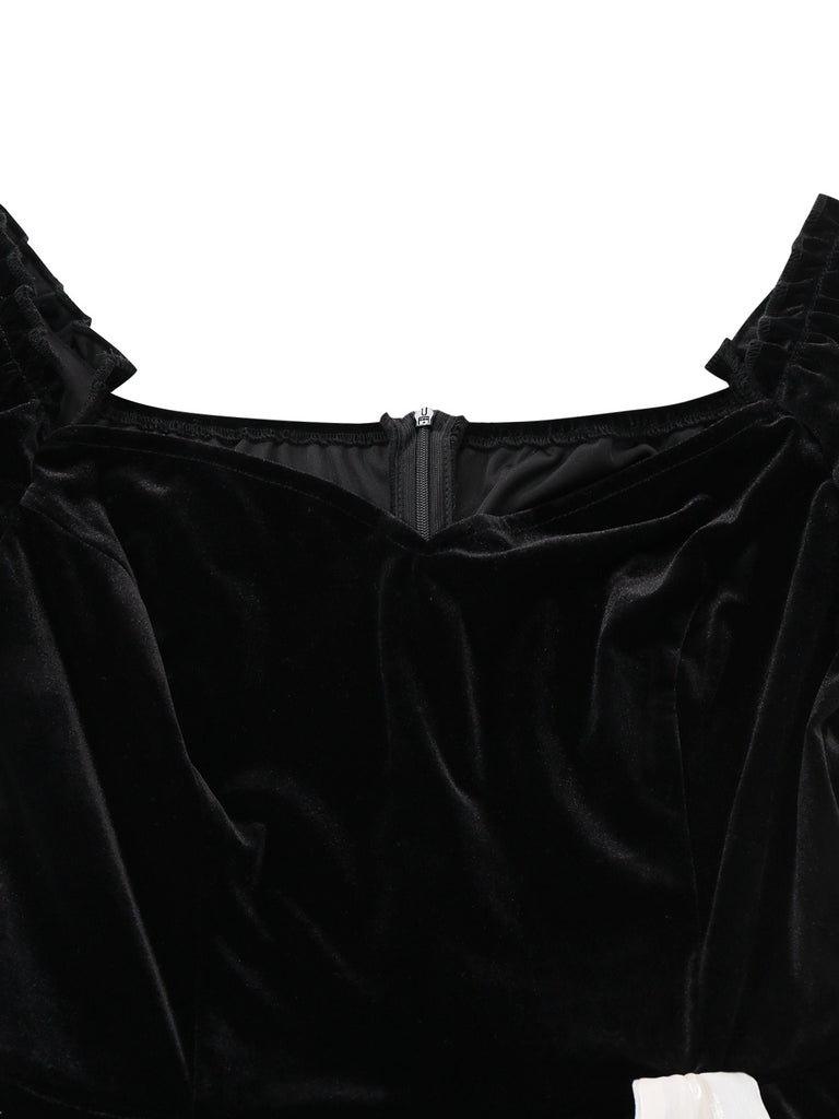 [Pre-Sale] Black 1950s Velvet Satin Off-Shoulder Bow Dress