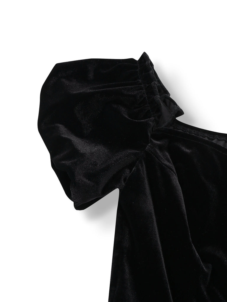 [Pre-Sale] Black 1950s Velvet Satin Off-Shoulder Bow Dress