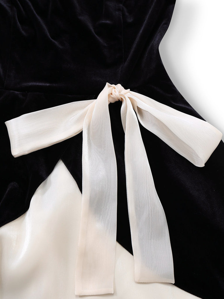 [Pre-Sale] Black 1950s Velvet Satin Off-Shoulder Bow Dress