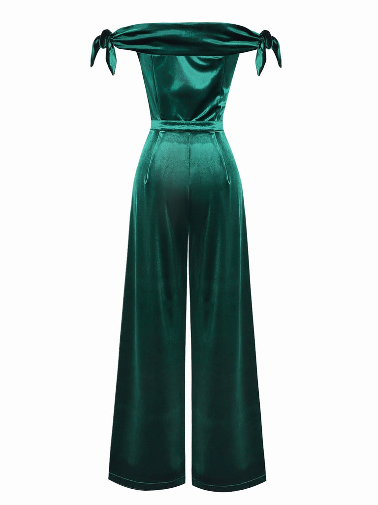 [Pre-Sale] Green 1930s Solid Velvet Bow Off-Shoulder Jumpsuit