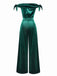 [Pre-Sale] Green 1930s Solid Velvet Bow Off-Shoulder Jumpsuit