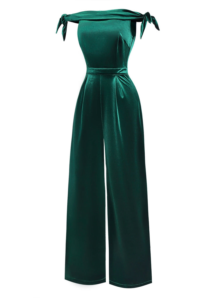 [Pre-Sale] Green 1930s Solid Velvet Bow Off-Shoulder Jumpsuit