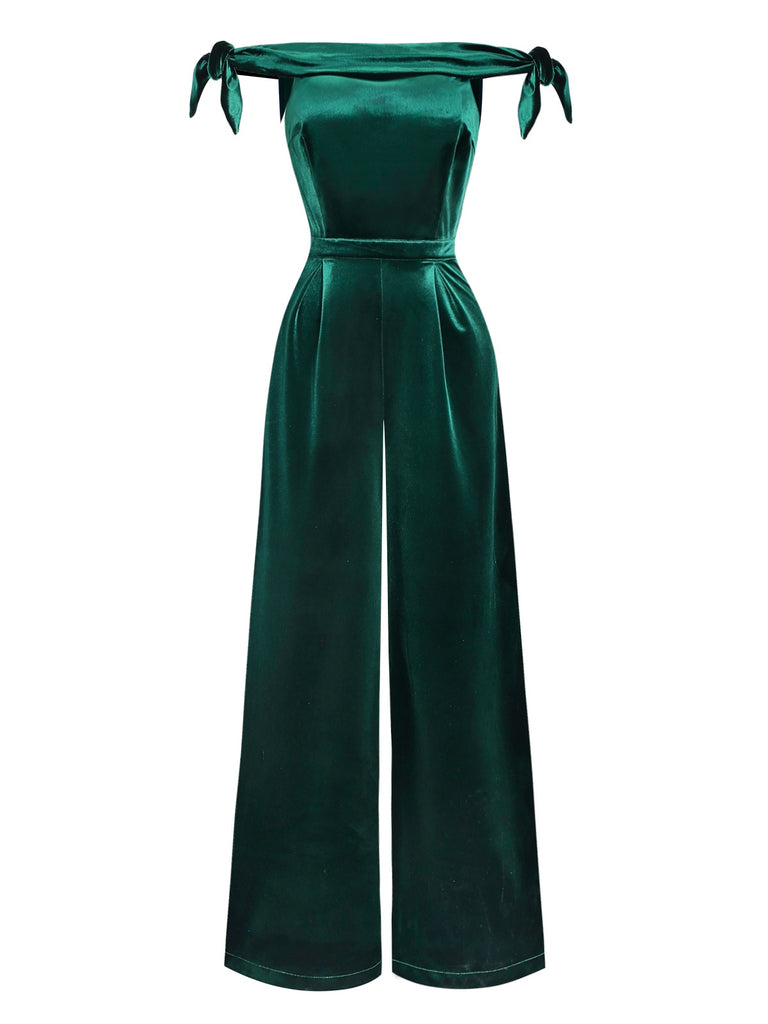 [Pre-Sale] Green 1930s Solid Velvet Bow Off-Shoulder Jumpsuit