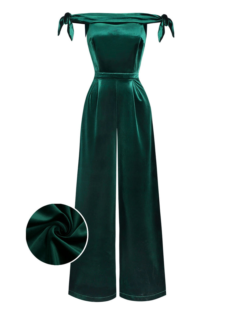 [Pre-Sale] Green 1930s Solid Velvet Bow Off-Shoulder Jumpsuit