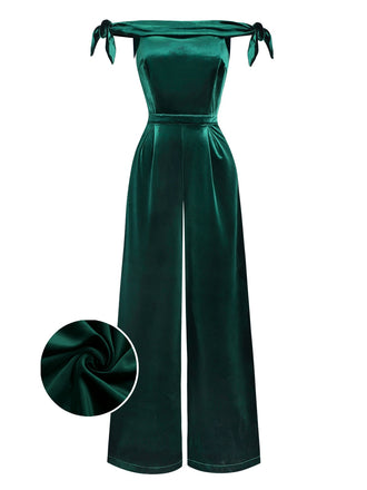 [Pre-Sale] Green 1930s Solid Velvet Bow Off-Shoulder Jumpsuit