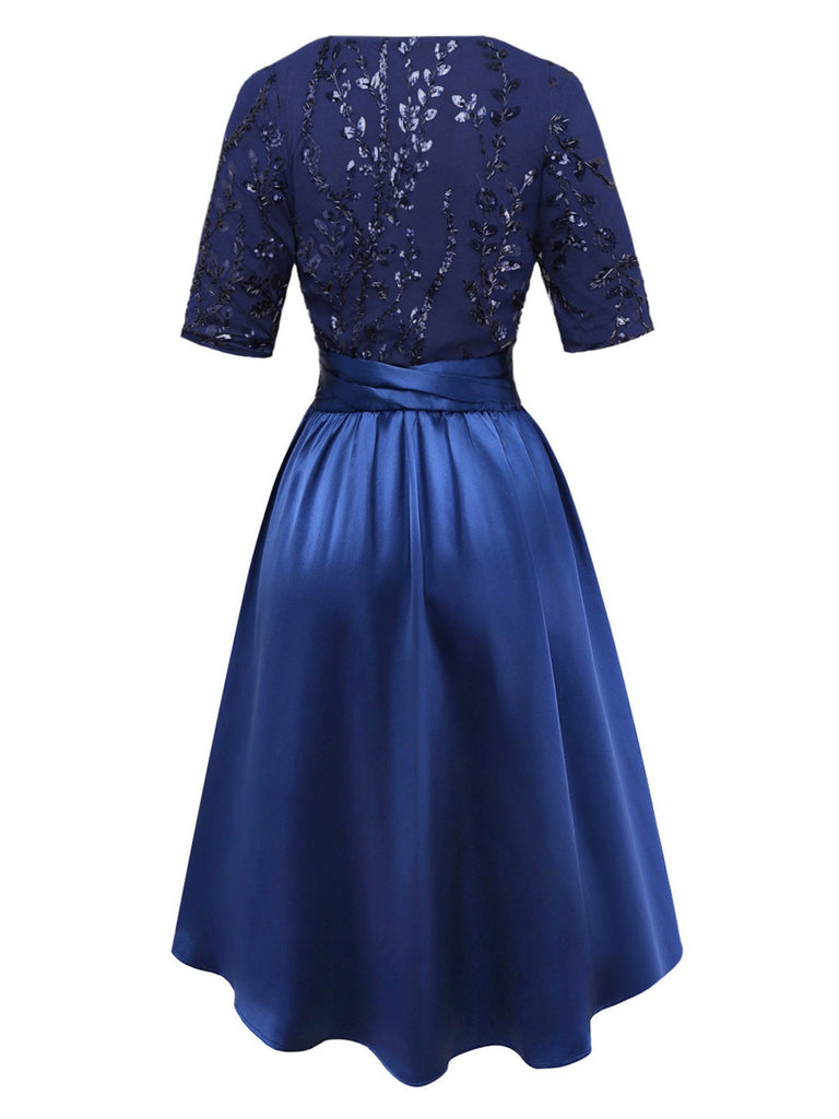 [Pre-Sale] Dark Blue 1950s Satin Sequined Embroidered Dress