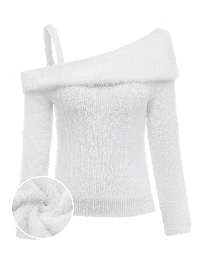 [Pre-Sale] White 1960s Off-Shoulder Camisole Plush Knit Sweater