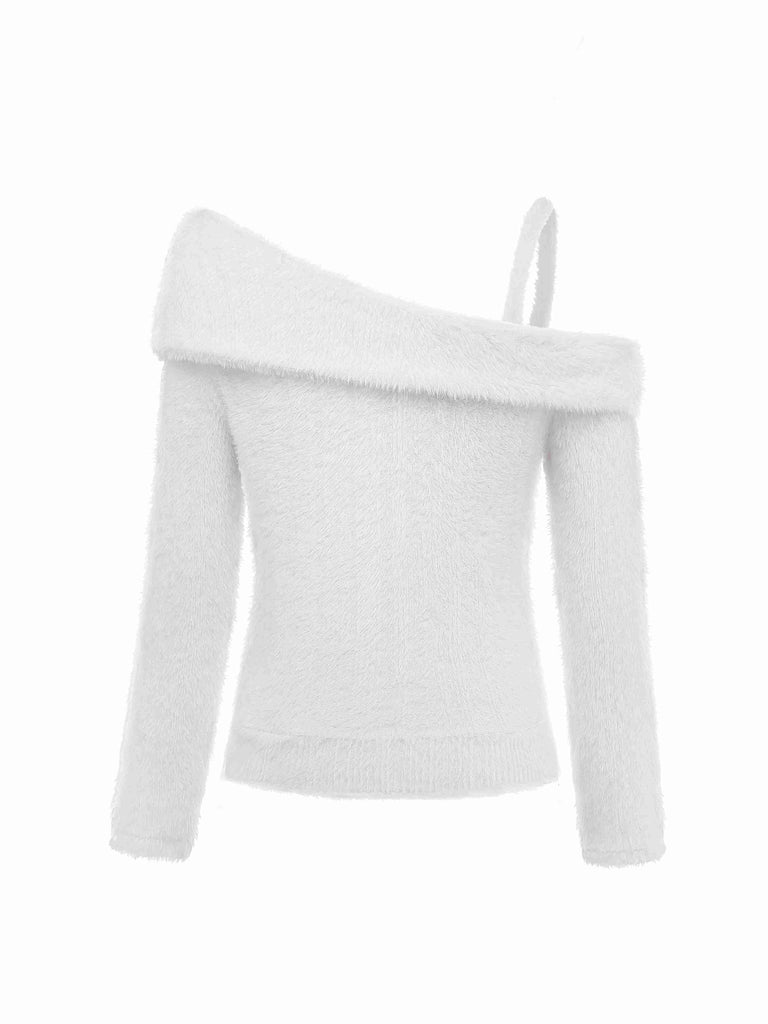 [Pre-Sale] White 1960s Off-Shoulder Camisole Plush Knit Sweater