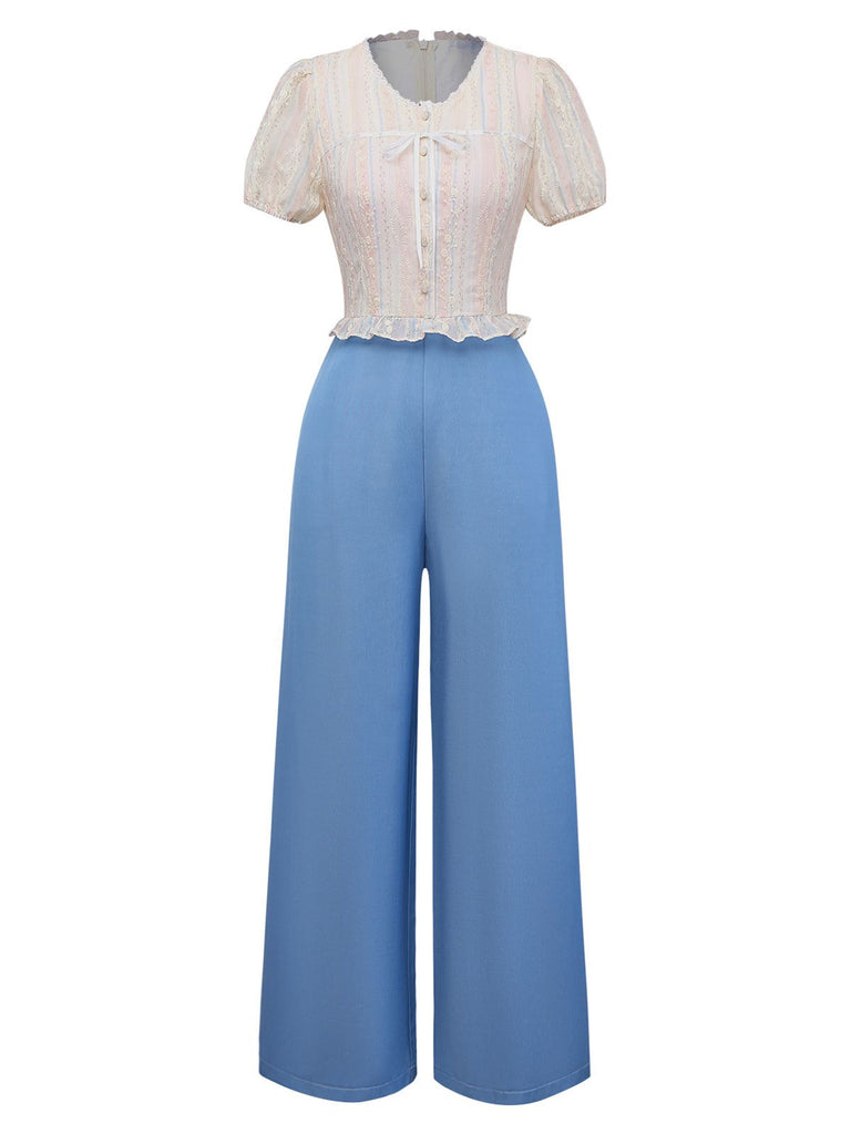 [Pre-Sale] Blue 1970s Floral Embroidered  Bow Tie Denim Jumpsuit
