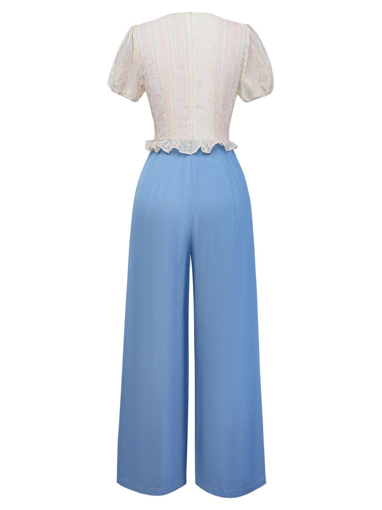 [Pre-Sale] Blue 1970s Floral Embroidered  Bow Tie Denim Jumpsuit