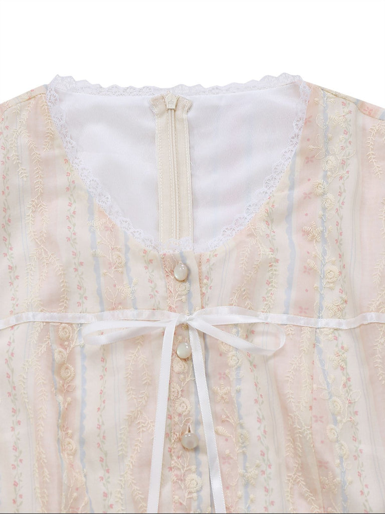 [Pre-Sale] Blue 1970s Floral Embroidered  Bow Tie Denim Jumpsuit