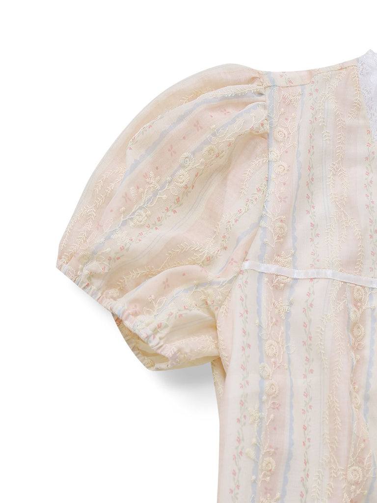 [Pre-Sale] Blue 1970s Floral Embroidered  Bow Tie Denim Jumpsuit