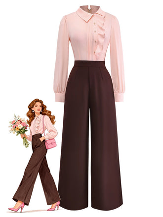 [Pre-Sale] Pink 1930s Colorblock Ruffled Irregular Lapel Jumpsuit