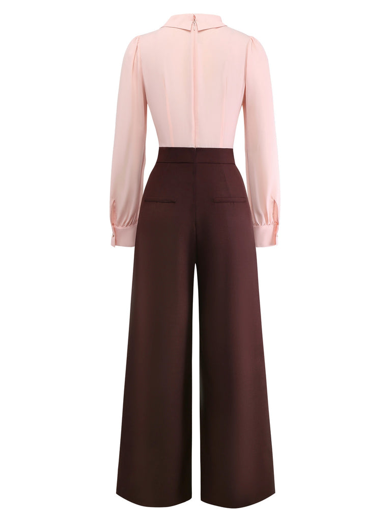 [Pre-Sale] Pink 1930s Colorblock Ruffled Irregular Lapel Jumpsuit