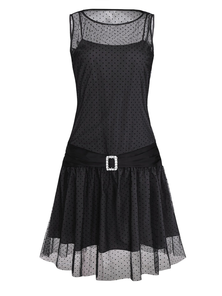 [Pre-Sale] Black 1920s Polka Dot Mesh Shift Dress