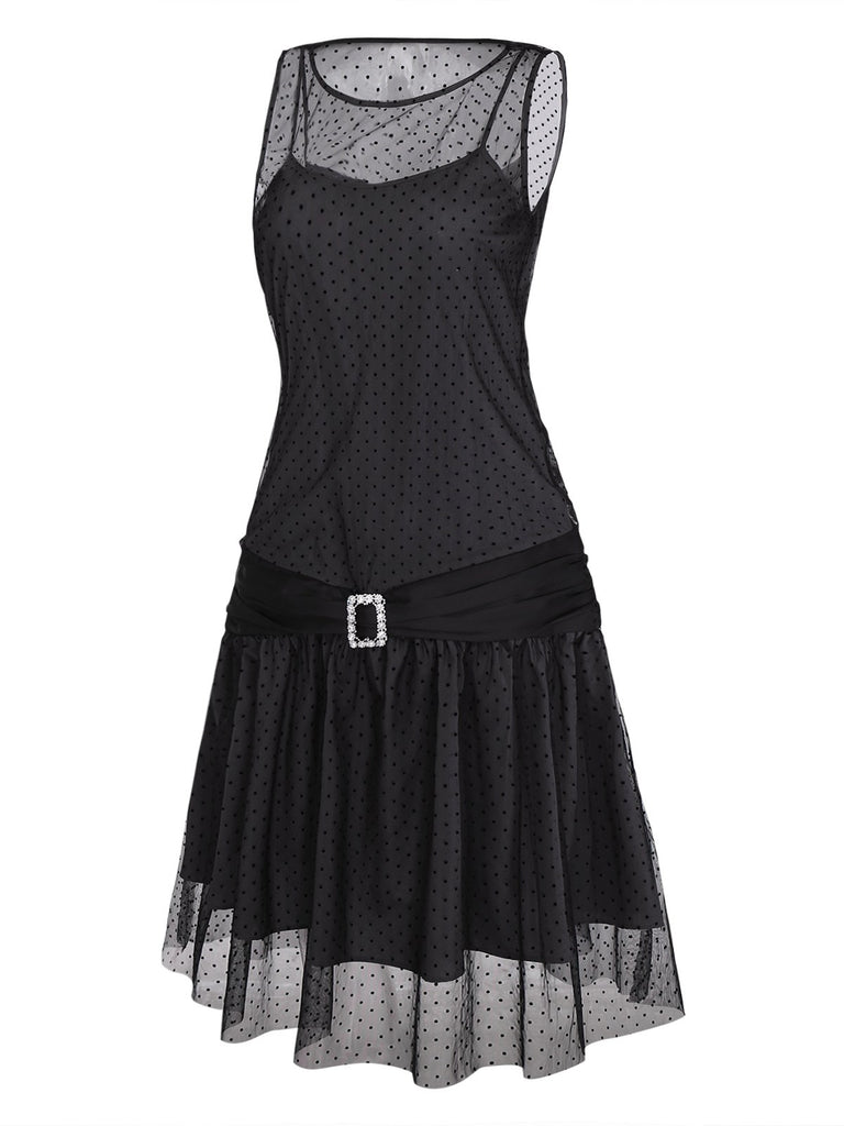 [Pre-Sale] Black 1920s Polka Dot Mesh Shift Dress