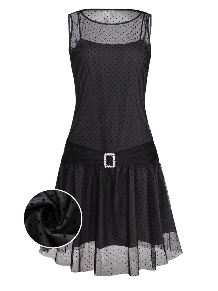 [Pre-Sale] Black 1920s Polka Dot Mesh Shift Dress