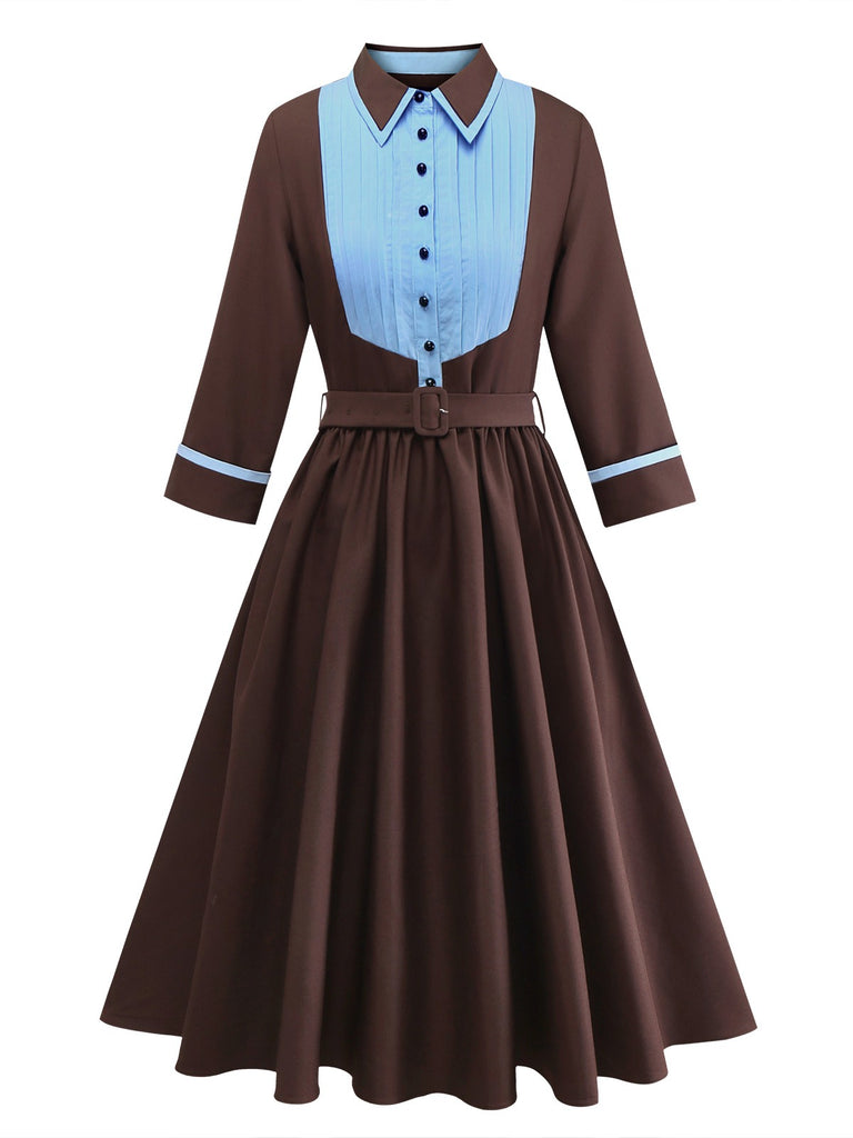[Pre-Sale] Brown 1940s Contrasted Pin Tuck Lapel Dress