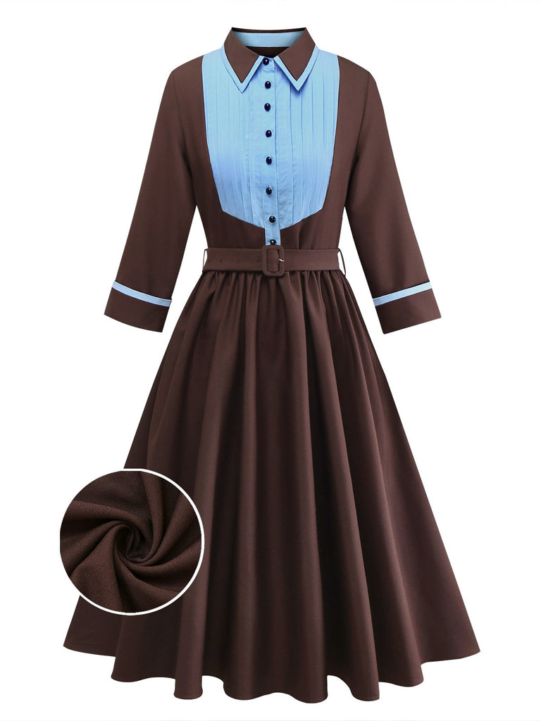[Pre-Sale] Brown 1940s Contrasted Pin Tuck Lapel Dress