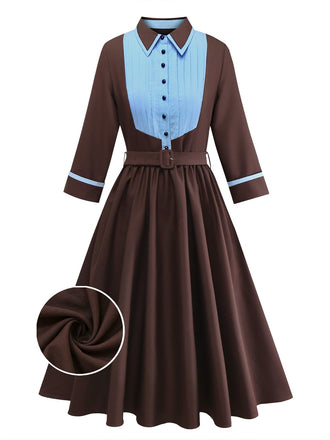 [Pre-Sale] Brown 1940s Contrasted Pin Tuck Lapel Dress
