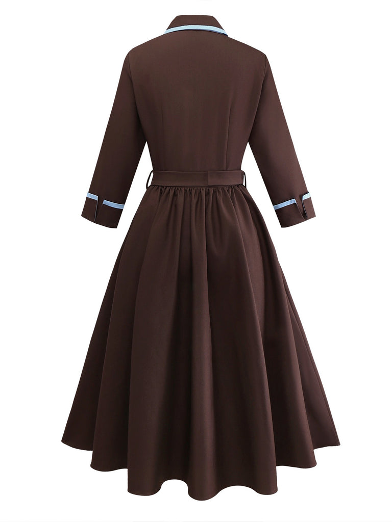 [Pre-Sale] Brown 1940s Contrasted Pin Tuck Lapel Dress