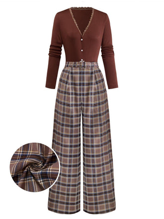 [Pre-Sale] Caramel 1930s Plaid Patchwork V-Neck Knit Jumpsuit