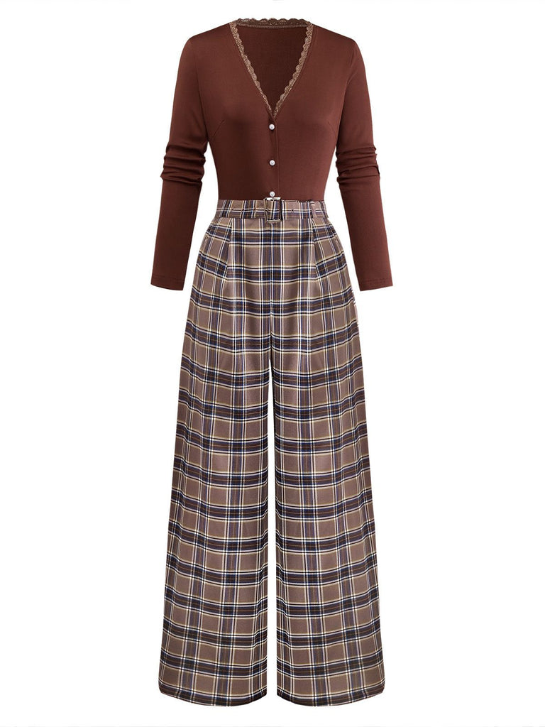 [Pre-Sale] Caramel 1930s Plaid Patchwork V-Neck Knit Jumpsuit