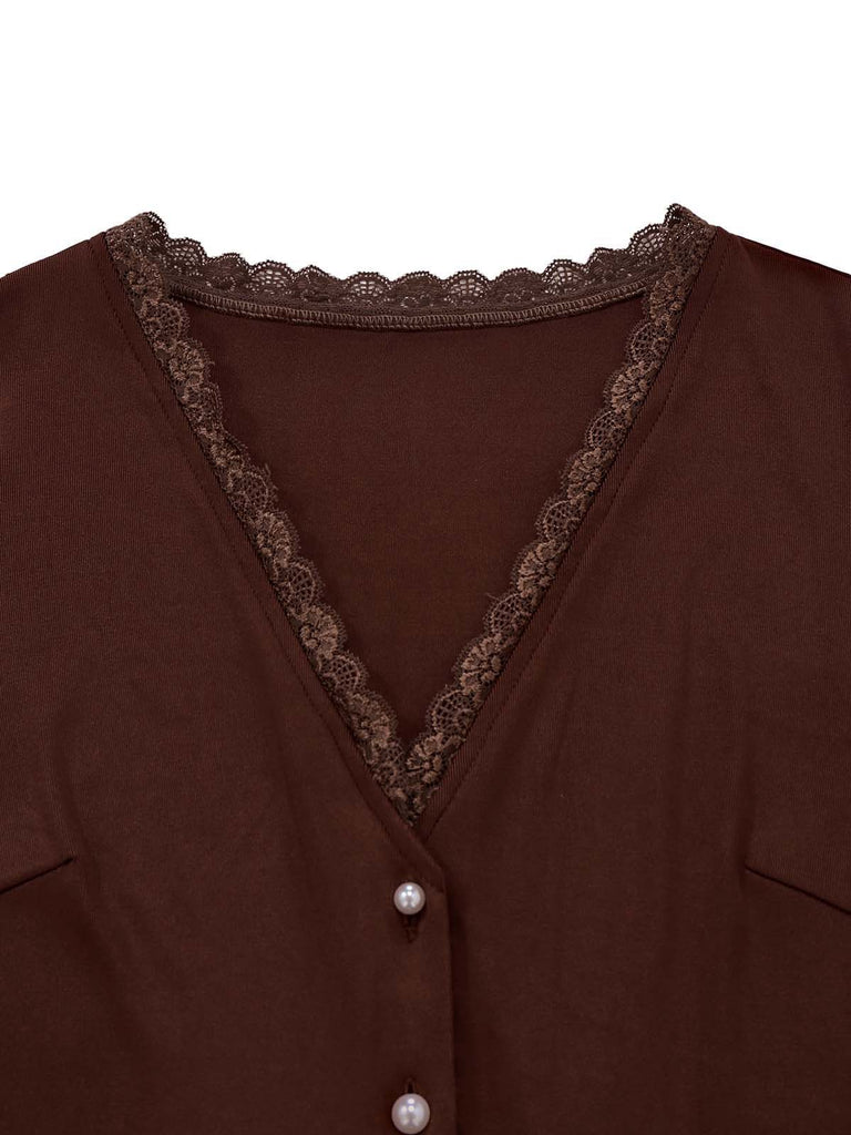 [Pre-Sale] Caramel 1930s Plaid Patchwork V-Neck Knit Jumpsuit