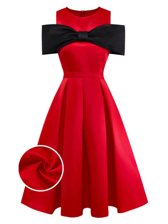 [Pre-Sale] Red 1950s Satin Bowknot Sleeve Swing Dress