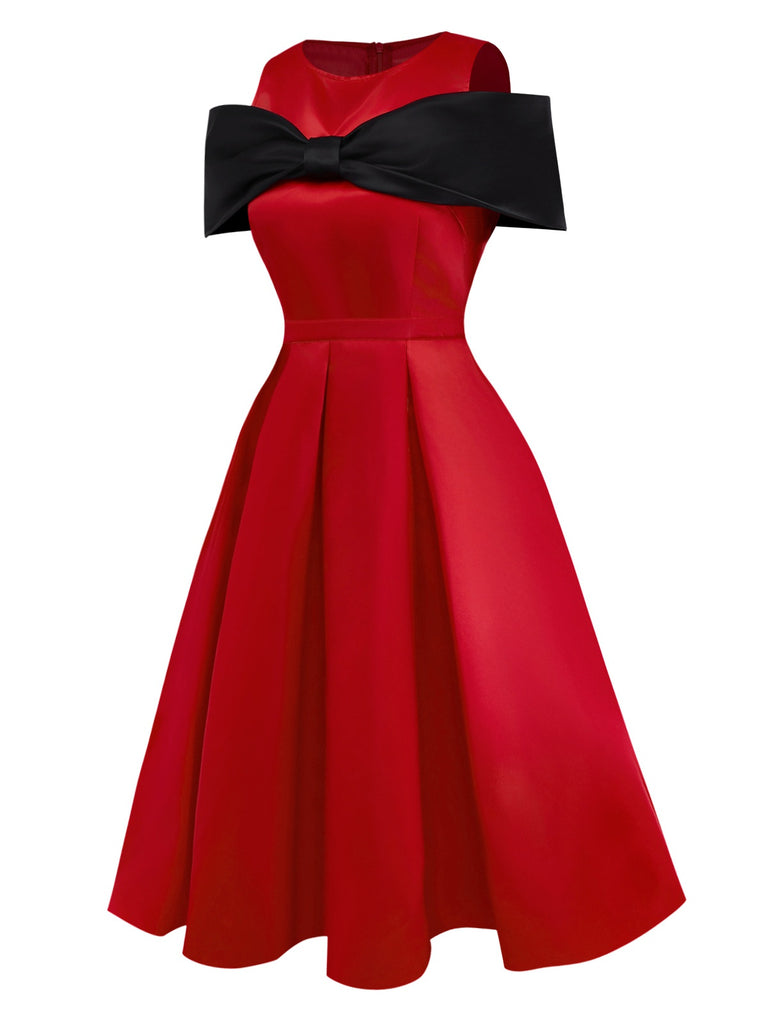 [Pre-Sale] Red 1950s Satin Bowknot Sleeve Swing Dress
