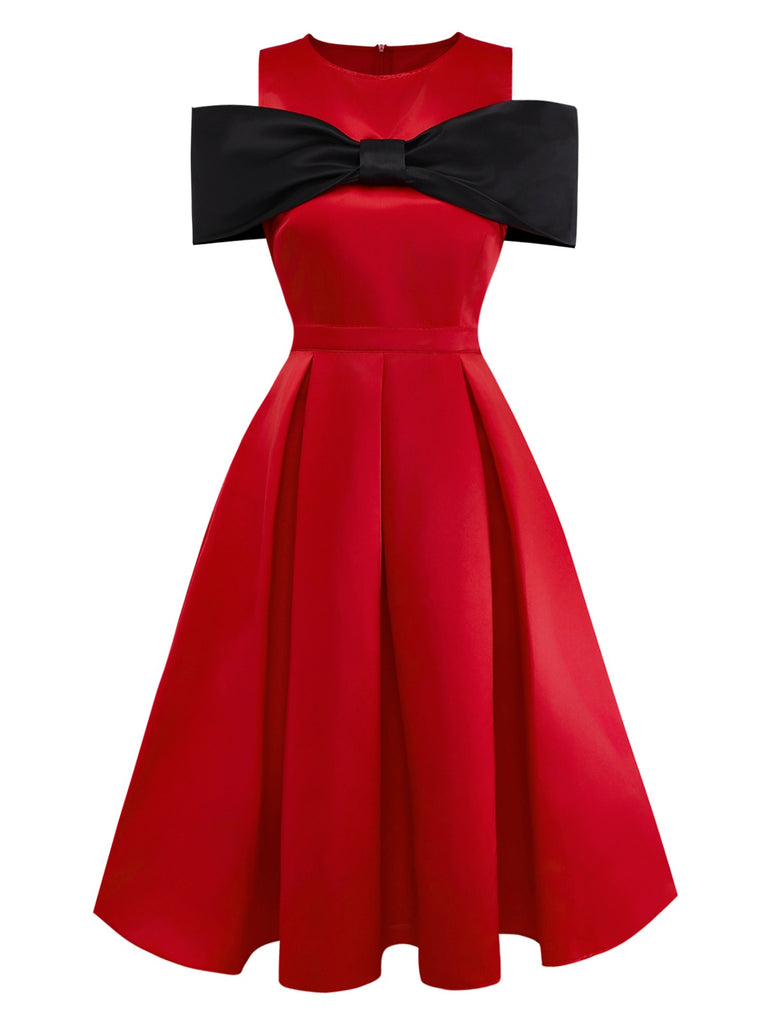 [Pre-Sale] Red 1950s Satin Bowknot Sleeve Swing Dress