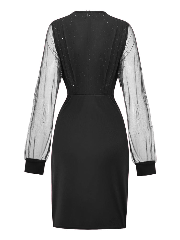 1960s Solid Glitter V-Neck Mesh Bodycon Dress