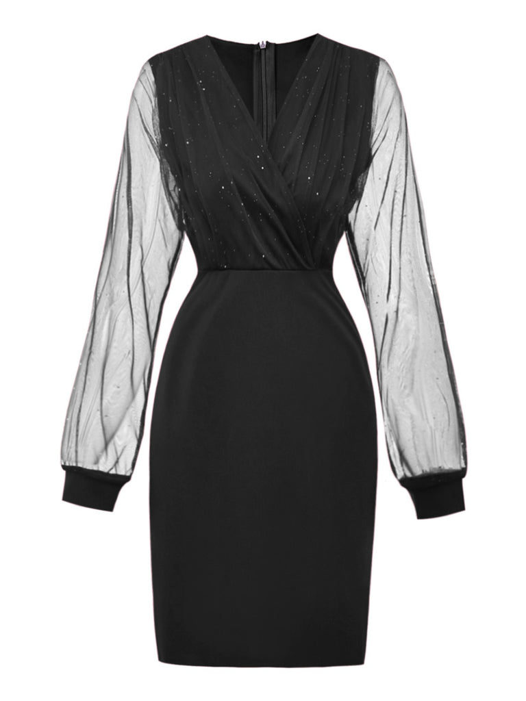 1960s Solid Glitter V-Neck Mesh Bodycon Dress